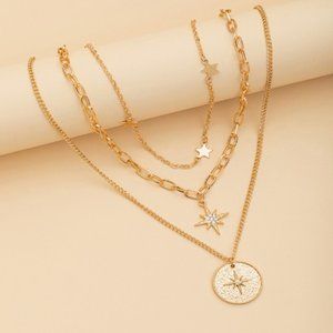 Hexawn star disc pentagram pendant multilayer necklace
